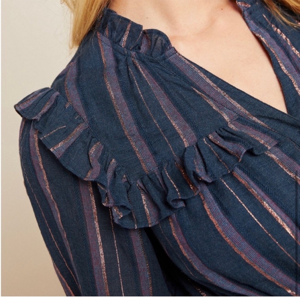 Anthropologie Midnight Ruffled Collared Midi Dress Navy Blue Metallic SZ Medium - Picture 3 of 10